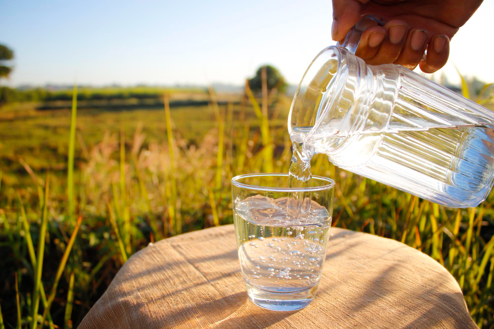 Clear well water being poured into a glass outdoors near Waco, Texas, representing professional well water testing for private wells